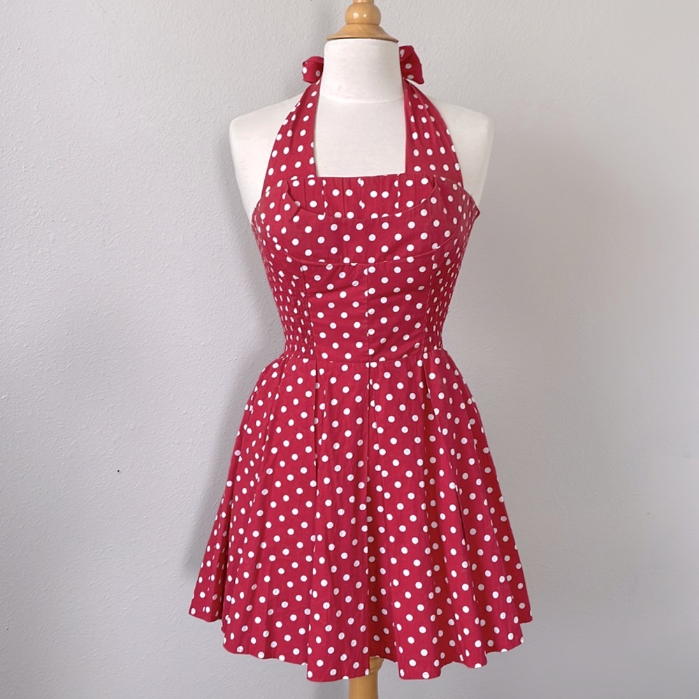 Unique Vintage brand red and white polka dot halter dress fit & flare XS